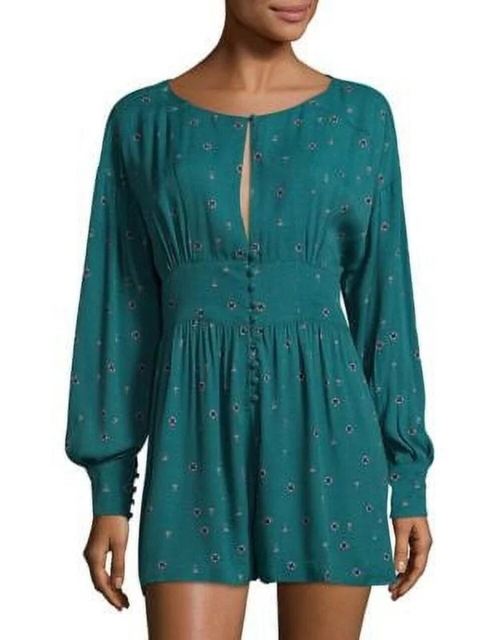 Free People Green Love Grows Printed Long Sleeve Key Hole Boho Romper S